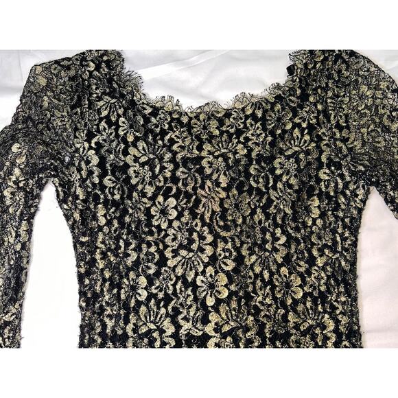 Diane Von Furstenberg Dress Size 2 Gold Metallic Lace Lined Long Sleeve Cocktail - Picture 3 of 15